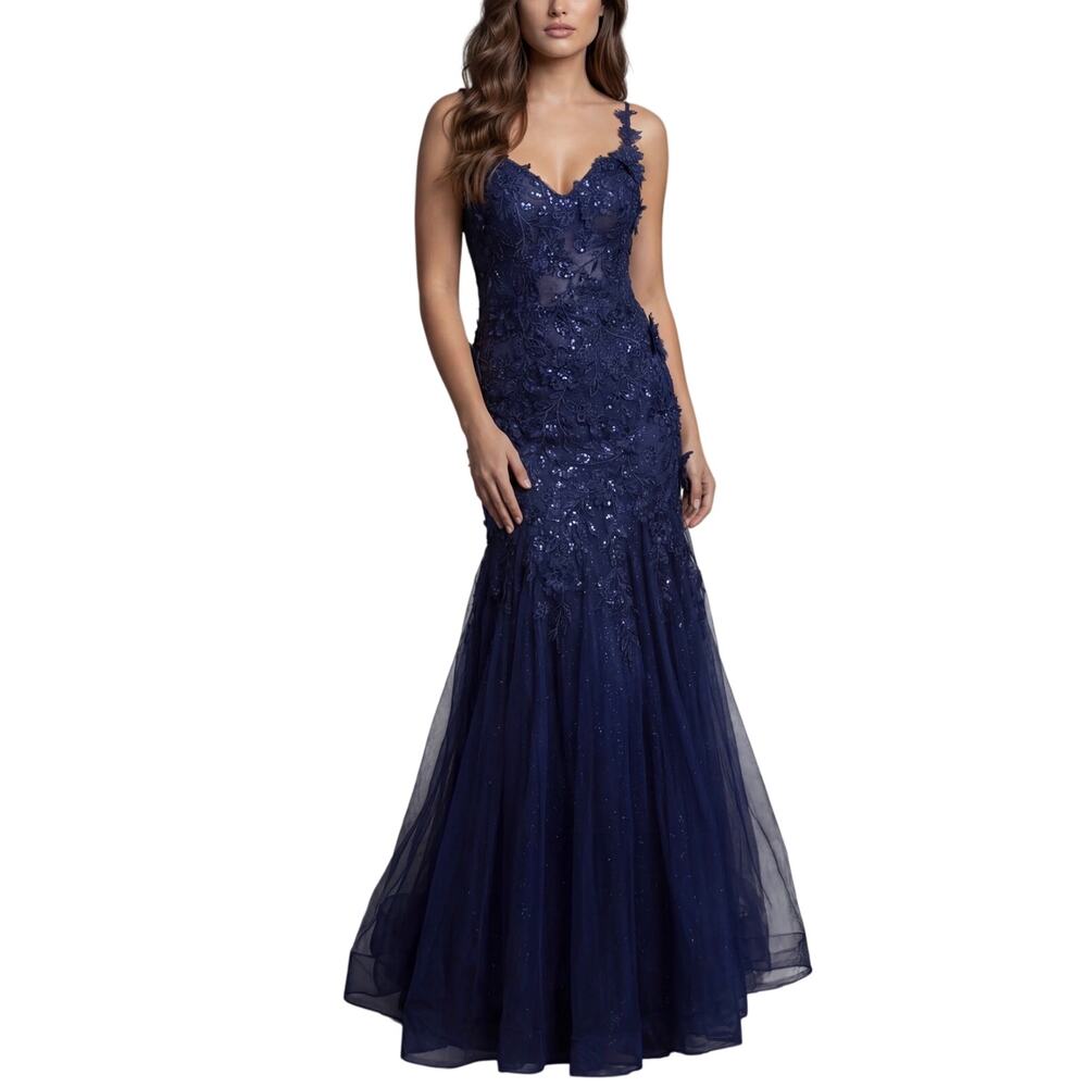 Jovani 43405B Blue Evening Gown Sequined Lace Embroidered Mermaid Dress Size 16
